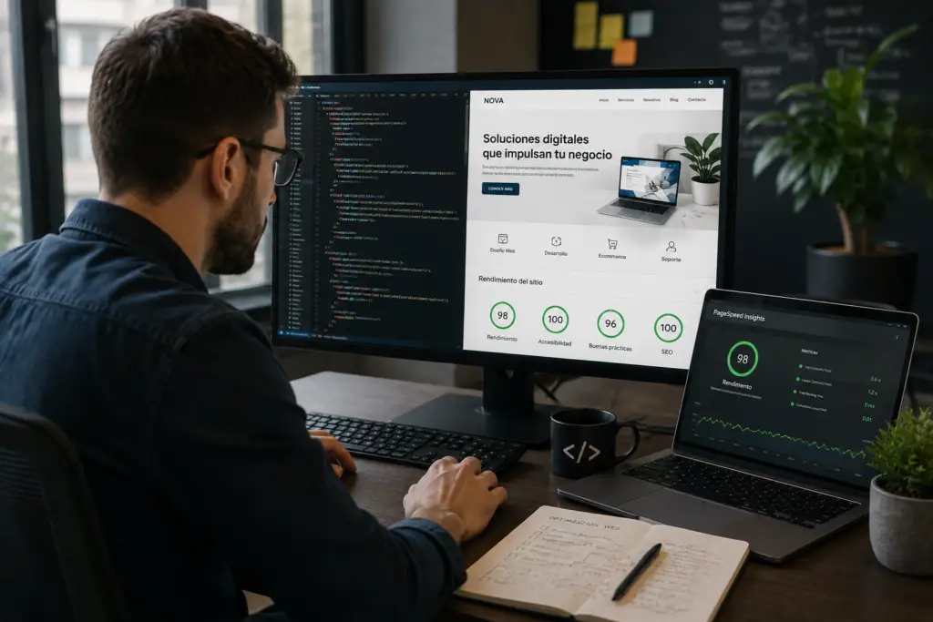 Desarrollador optimizando una página web.